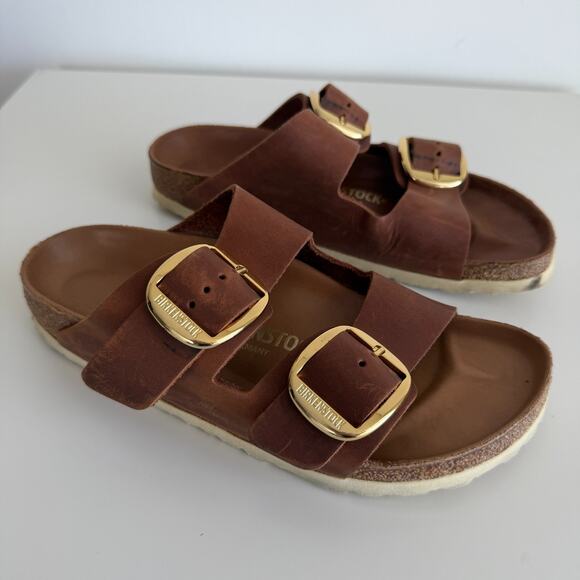 Birkenstock Arizona Big Buckle Sandal 38 Brown Cognac Leather Slide 7 - 7.5 US - Picture 1 of 13